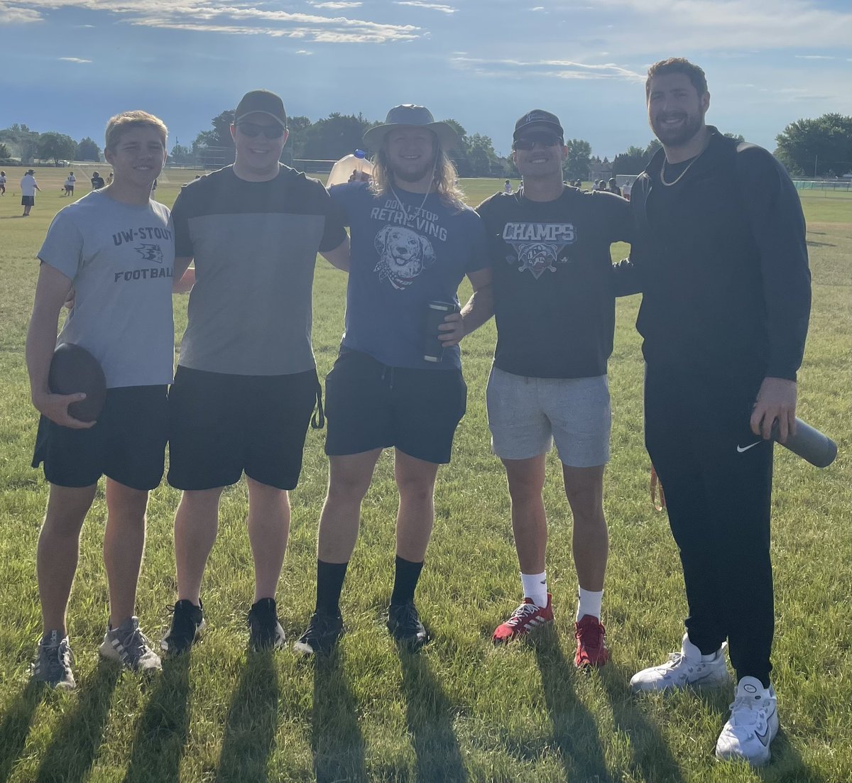 Absolutely love having former players come back and help at camps!!! We’ve had quite the lineup of help: (L to R): <a href="/TuckerHaakonson/">Tucker Haakonson</a> (<a href="/UWStoutFootball/">UW-Stout Football</a>), Sam Craft, Evan Flint, <a href="/jack_steil/">Jack Steil</a> (<a href="/NDSUbaseball/">NDSU Baseball</a>) and <a href="/mattwaletzko/">Matt Waletzko</a> (<a href="/dallascowboys/">Dallas Cowboys</a>)