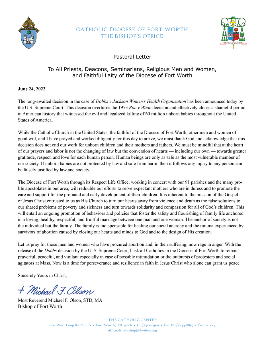 FWdiocese's tweet photo. Please read Bishop Michael F. Olson's Statement on The Supreme Court’s Decision Overturning Roe v. Wade 
https://t.co/yKbZwn5jxU https://t.co/4nhWHx7WOs