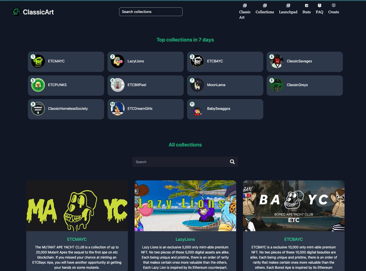 We've got all #ETC projects! And even more to come soon 🚀🚀

classicart.io

<a href="/classic_greys/">Classic Greys</a> <a href="/ClassicSavages/">ClassicSavages.ETC</a> <a href="/EtcPunks/">ETCPUNKS</a> <a href="/LazylionsEtc/">MutantLazyLions.ETC</a> <a href="/etcbitpixel/">ETC Bit Pixel</a> <a href="/MoonLamaNFT/">MoonLama</a> <a href="/ClassicHomeless/">Classic Homeless Society</a> <a href="/ETCDreamGirls/">DreamGirls</a> @ClassicSwaggos 

#Marketplace #ETC #ClassicArt #NFT #NFTs #NFTCommunity #nftart