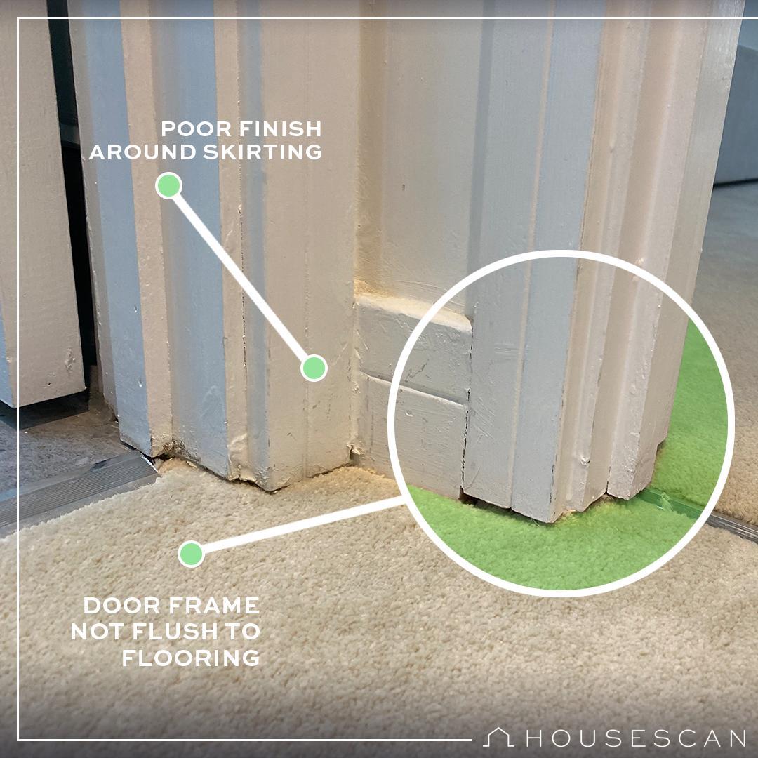 In today's #snag spot we're looking at a poorly finished door frame in one of our recent inspections. Not only is the skirting and surrounding wall covered in marks and chips, but the frame is not flush to the flooring at all. 

#newbuild #newbuilduk #snags