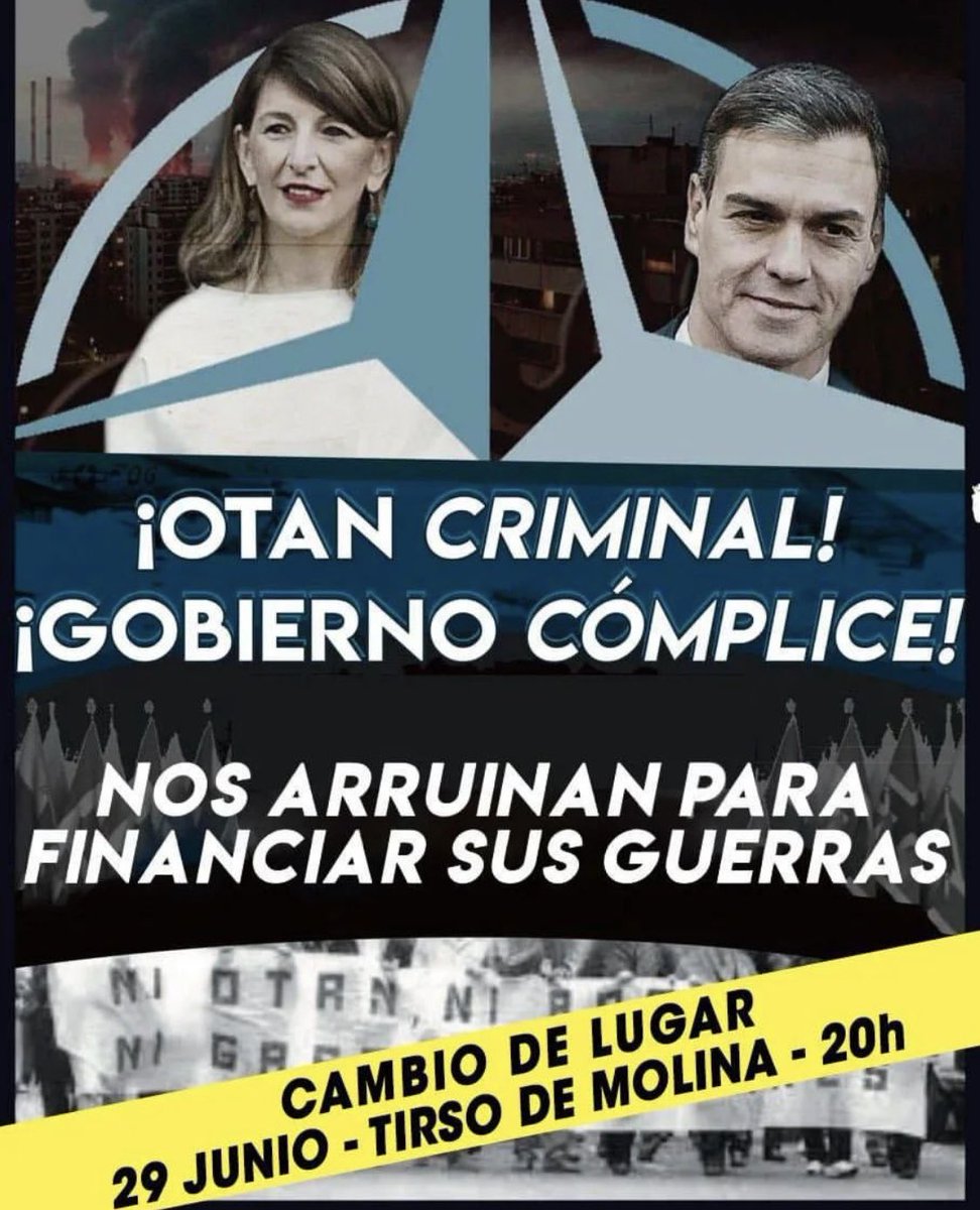 ‼️CAMBIO DE UBICACIÓN‼️

El día 29, los barrios salimos a la calle para demostrar que Madrid se pone de frente contra la organización criminal de la OTAN.

OTAN NO! BASES FUERA!

📆Miércoles 29
⏱20h
📍Tirso de Molina (Madrid)
