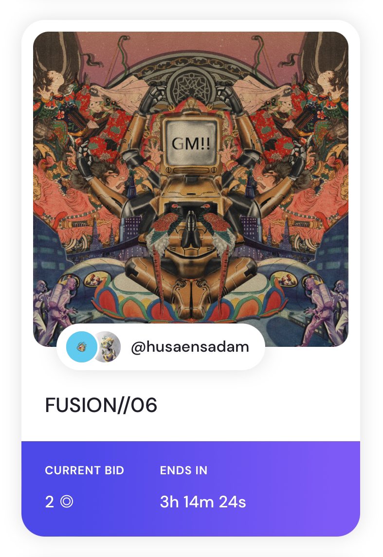 GM 🌞

3 hours left.
My collaboration piece with <a href="/cybro_g/">Cybro-G</a> 
Current bid 2 $SOL by <a href="/SatuSekte/">SATU SEKTE</a> 

Link: formfunction.xyz/@husaensadam/3…