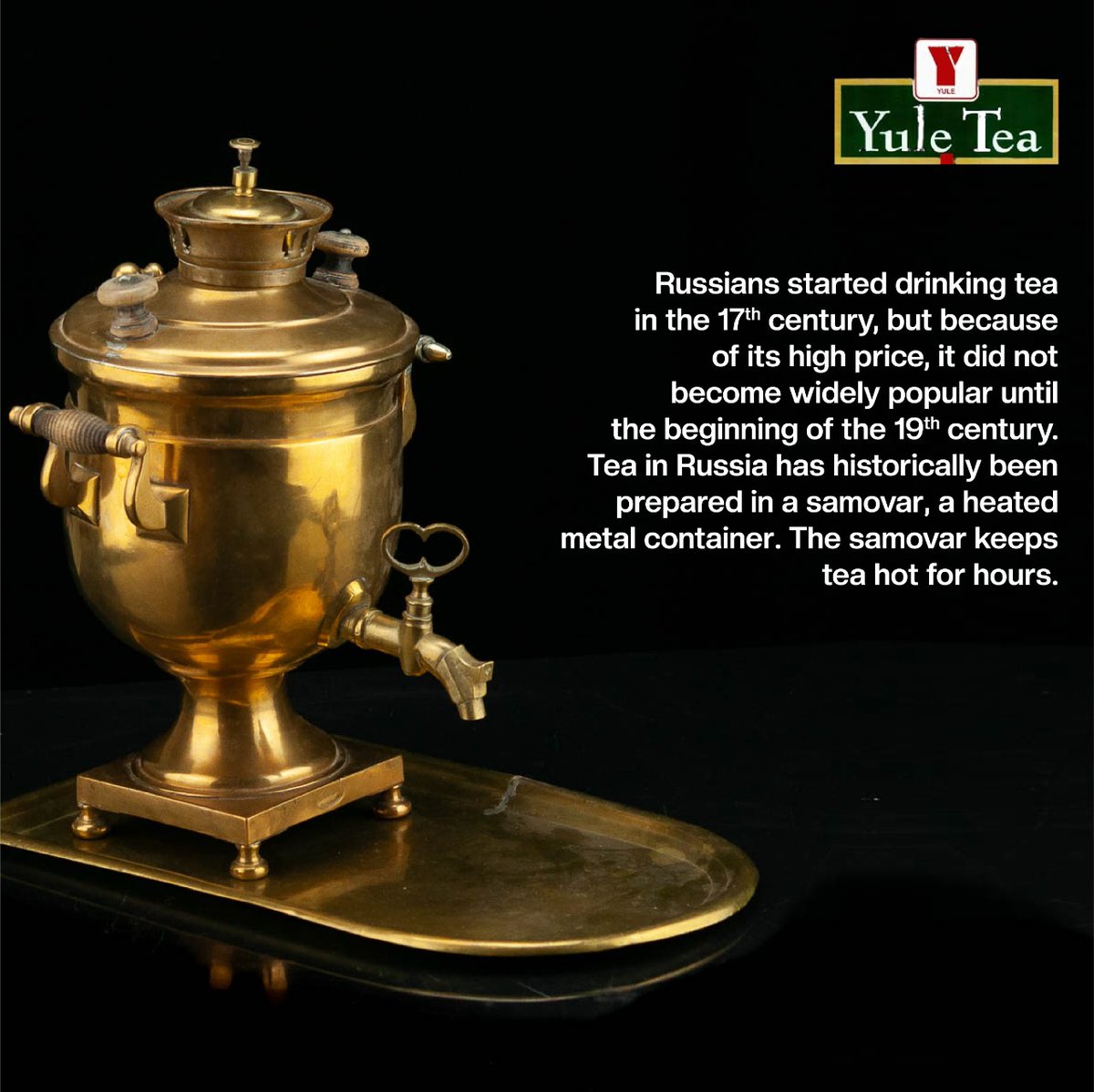 YuleCompany's tweet photo. A samovar is a metal container traditionally used to heat and boil water originated in Russia. Many samovars have a ring-shaped attachment around the chimney to hold & heat a teapot filled with tea concentrate.
#yuletea #andrewyuletea #teafacts #HistoryOfTea #weekends #mornings https://t.co/9p3Sc7mJhq