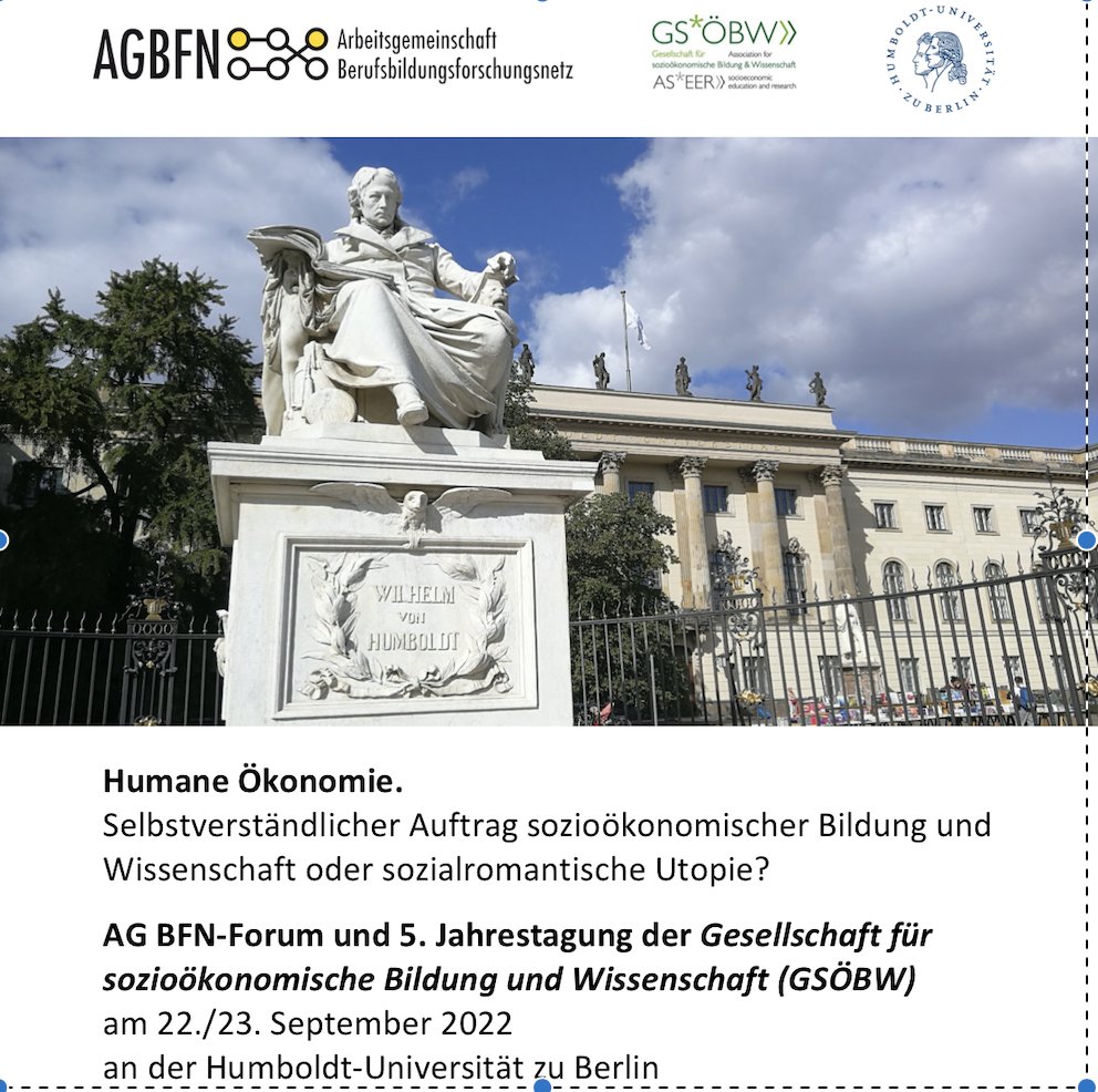 📢 Vom 22. bis 23. September 2022 findet an der <a href="/HumboldtUni/">Humboldt-Universität zu Berlin</a> unsere 5. <a href="/GSOEBW16/">GSÖBW</a>-Jahrestagung in Kooperation mit der Arbeitsgemeinschaft Berufsbildungsforschungsnetz (AG BFN) statt.

Zur Anmeldung: bit.ly/3y37fyl 

Zur Programmübersicht: agbfn.de/de/agbfn_14861…