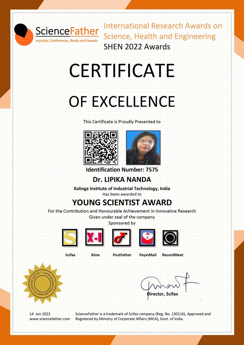 KiitSoee's tweet photo. Congratulations to Dr. Lipika Nanda, Assistant Professor, for receiving the YOUNG SCIENTIST AWARD in SHEN 2022 for her innovative research contribution. 
Science Father is a trademark of Scifax company, approved and registered by the Ministry of Corporate Affairs.
#electricalkiit https://t.co/myal7vM7wD