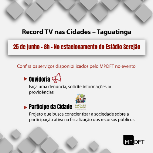 mpdft's tweet photo. Atenção, comunidade de Taguatinga. Estamos chegando. O MPDFT participa do Record TV nas Cidades com serviços à população. Participe! #mpdft #taguatingadf #recordtvnascidades #ouvidoriampdft #participedacidade https://t.co/PCrtH7ih4S