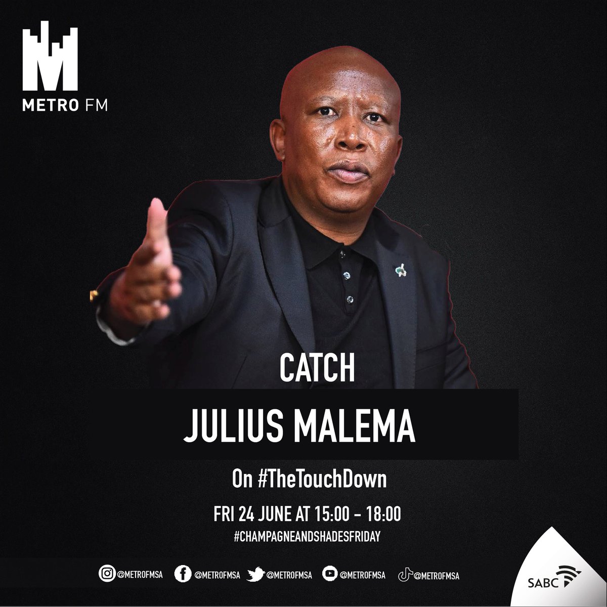 Catch Julius Malema on #TheTouchdown with T Bo Touch today from 3 – 6pm with a radio first, a special amapiano mix from the CIC himself! #ChampagneAndShadesFriday