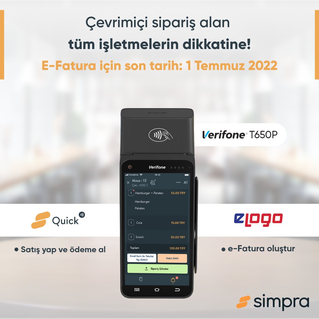 Çevrimiçi sipariş alan, son 2 yıllık cirosu 1 milyon TL ve üzeri olan tüm işletmelerin 1 Temmuz 2022’ye kadar e-fatura mükellefi olmaları gerekmektedir! Sunduğumuz paketle tek cihaz üzerinden satış yapabilir, ödeme alabilir ve e-fatura oluşturabilirsin. simprasuite.com.tr