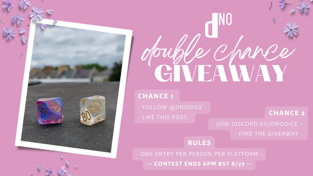 dNoDice's tweet photo. It's Friday. 

We're impatient.

And we couldn't wait to get to 100 followers to do a d100 #dice #giveaway.

So we're running it now.

You have 2 chances to win a couple of cute dice.

All the details are in the picture. https://t.co/rRjsJf23xD