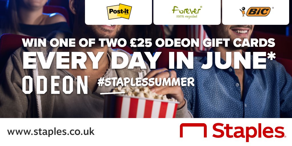 StaplesUK's tweet photo. Final week to #WIN one of two Β£25 ODEON gift cards every day in June*! πΏ
To enter, place an order on ANY Post-it Notes, BIC Pens, Exacompta product during June! #StaplesSummer
Made possible by @Postit, @BICGroup & @ExacomptaUK
*Full info & T&Cβs: https://t.co/kgU1ScTfjM https://t.co/Bo8E6Efmvf