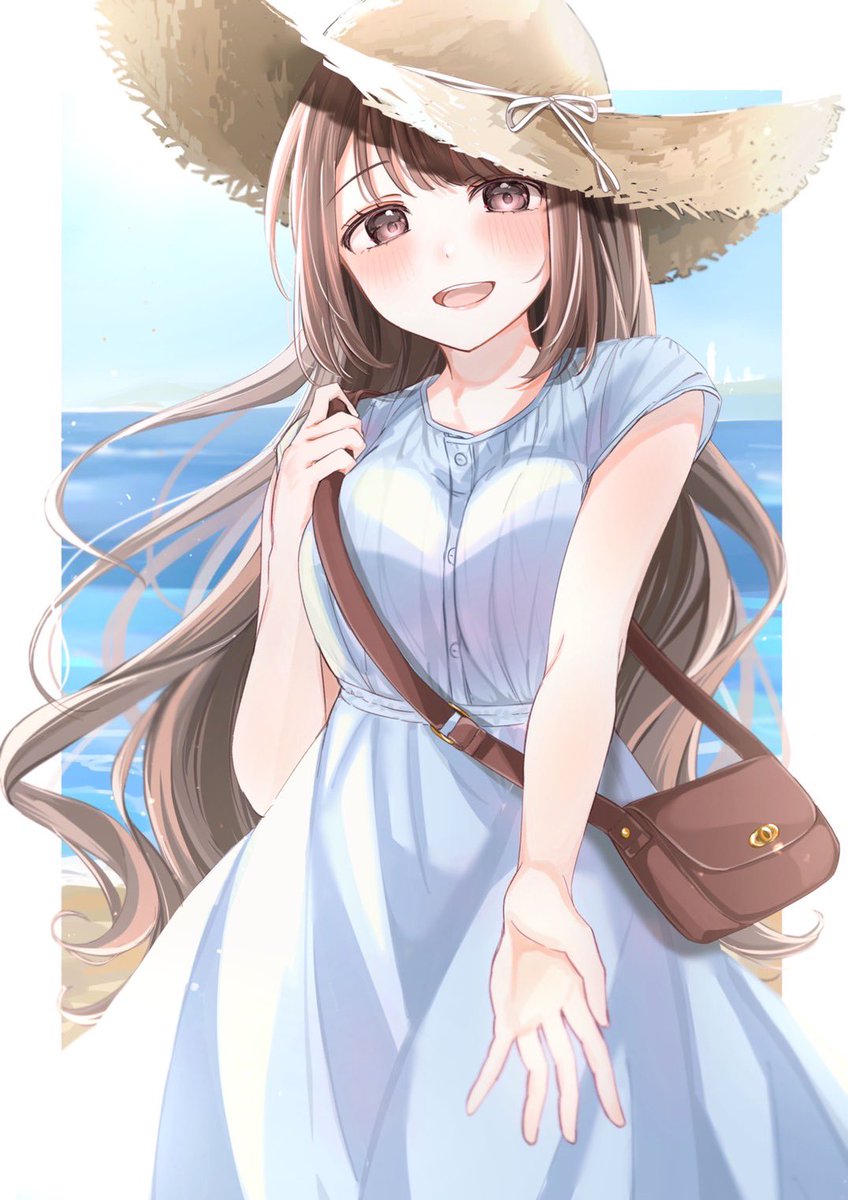 1girl hat brown hair solo dress long hair straw hat  illustration images
