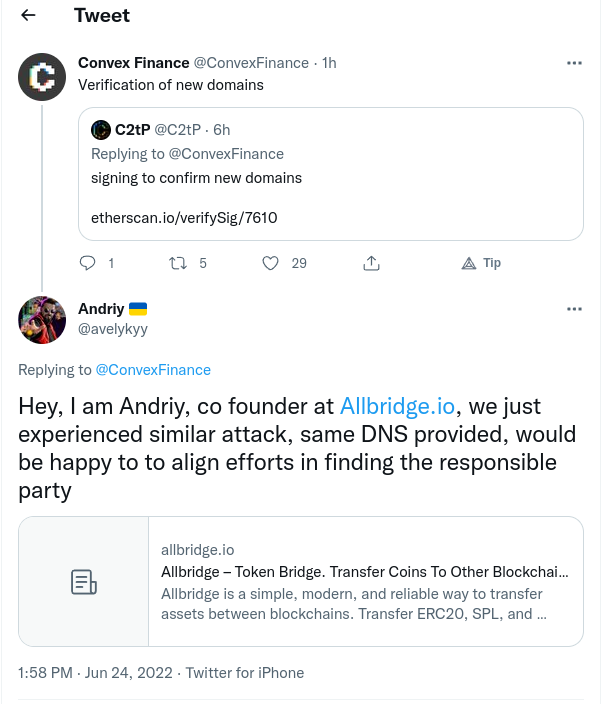 LefterisJP's tweet photo. So far 4 #ethereum DeFi projects experienced a DNS hijack attack.

@ConvexFinance @ribbonfinance @DeFiSaver and Allbridge.

They are all using @Namecheap and logged into their accounts to see DNS changed. So far namecheap has provided no explanation.

@Namecheap this is serious https://t.co/KD9w8GJAgp