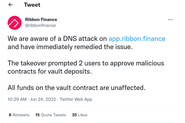 LefterisJP's tweet photo. So far 4 #ethereum DeFi projects experienced a DNS hijack attack.

@ConvexFinance @ribbonfinance @DeFiSaver and Allbridge.

They are all using @Namecheap and logged into their accounts to see DNS changed. So far namecheap has provided no explanation.

@Namecheap this is serious https://t.co/KD9w8GJAgp