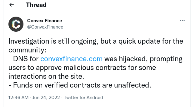 LefterisJP's tweet photo. So far 4 #ethereum DeFi projects experienced a DNS hijack attack.

@ConvexFinance @ribbonfinance @DeFiSaver and Allbridge.

They are all using @Namecheap and logged into their accounts to see DNS changed. So far namecheap has provided no explanation.

@Namecheap this is serious https://t.co/KD9w8GJAgp