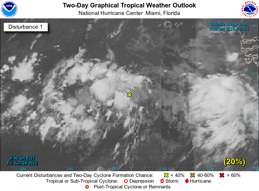 NHC_Atlantic's tweet photo. 8 am EDT Jun 24: A tropical depression could form over the tropical Atlantic during the early to middle part of next week while it moves westward and approaches the Windward Islands. 

Continue to monitor https://t.co/tW4KeGdBFb for updates on this system. Next outlook at 2 pm. https://t.co/b3YObHMaFE