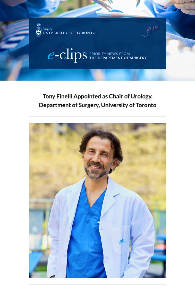 Congratulations to Dr Tony Finelli, our new Chair of Urology <a href="/UofTSurgery/">U of T Department of Surgery</a> <a href="/UroOncMD/">Tony Finelli</a> <a href="/UroOnc/">Society of Urologic Oncology</a> <a href="/UHN_Surgery/">UHN Sprott Department of Surgery</a>