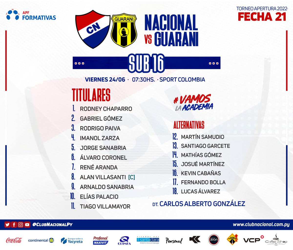 CanteradelTrico's tweet photo. #CanteraTricolor π΄βͺπ΅
#catSub16 β½οΈππ»ββοΈ
π Torneo #Apertura2022
πFecha 21
Β‘YA SE JUEGA!
#NACIONAL ποΈ GuaranΓ
#VamosLaAcademia ππ» https://t.co/ctetBw0xZM