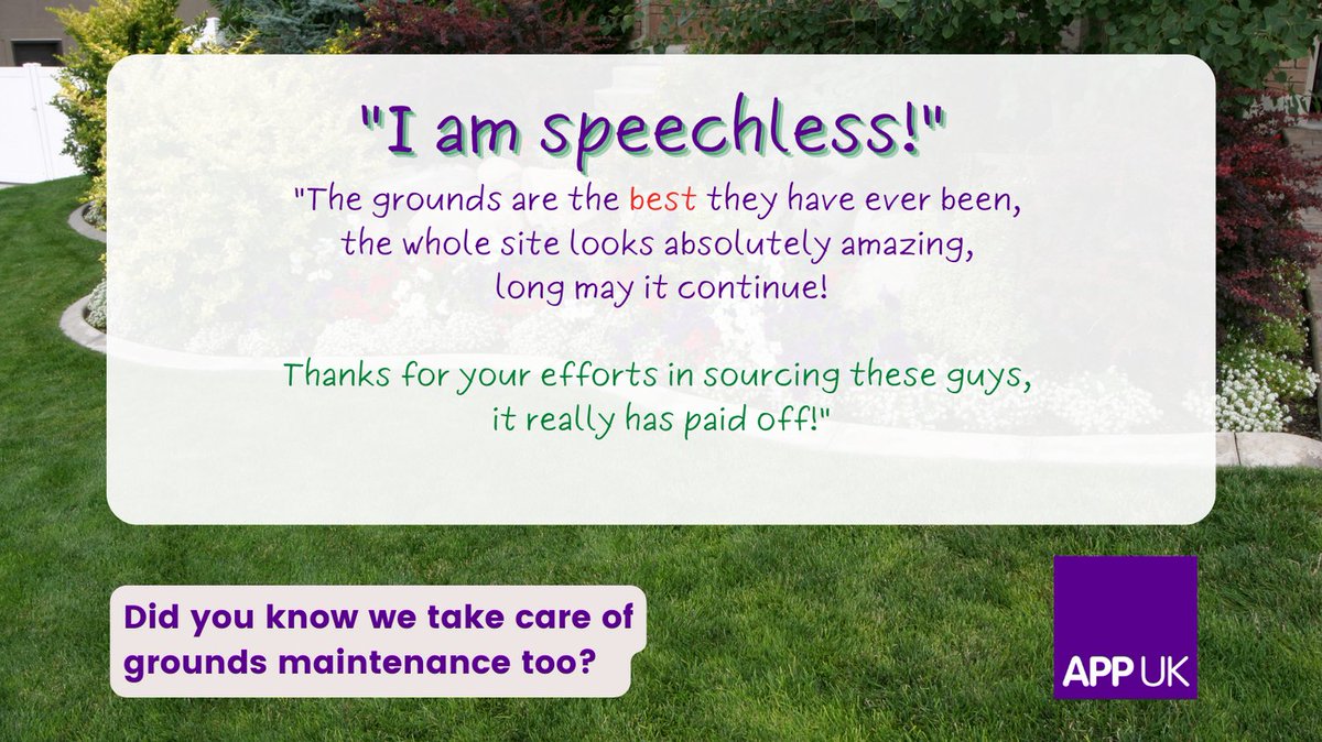 APPUK_'s tweet photo. A very happy client emailed in on 27th May with cracking feedback on our Grounds Maintenance team and the exceptional results they had delivered.

#happyclient #appuk #fm #cleaning #appydays https://t.co/T5Q6AjgC1y