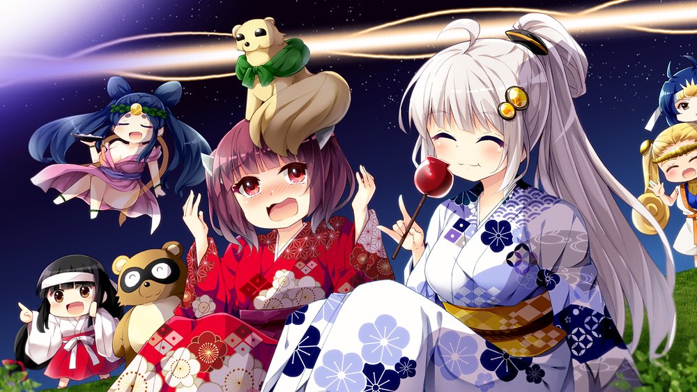 touhoku kiritan japanese clothes multiple girls kimono food white kimono long hair blonde hair  illustration images