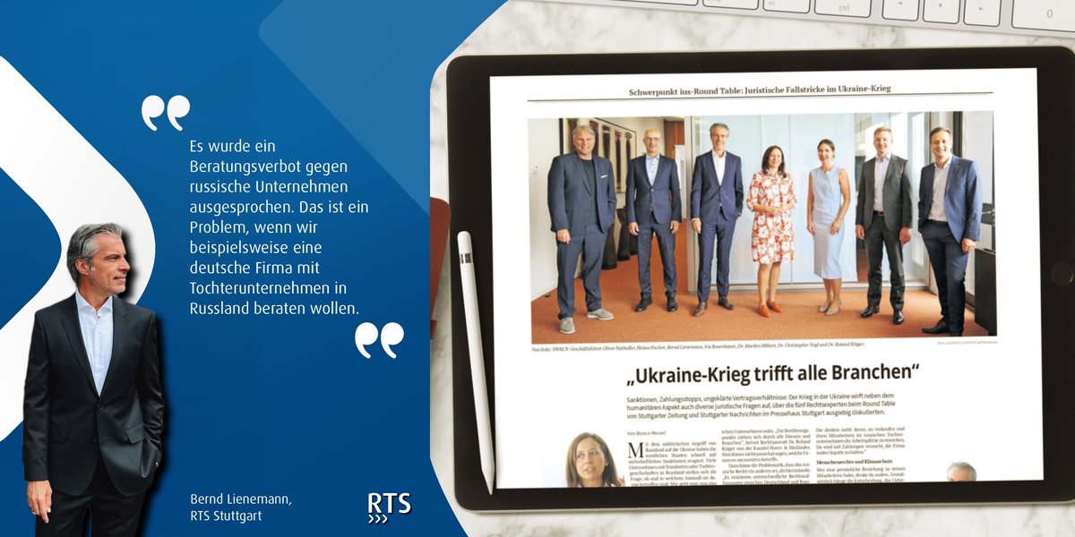 rtskg's tweet photo. [..."Es wurde ein Beratungsverbot gegen russische Unternehmen ausgesprochen. Das ist ein Problem...]
So Bernd Lienemann zum Round-Table-Gespräch mit der Stuttgarter Zeitung.
Thema der Diskussion war: Sanktionen, Zahlungsstopps und ungeklärte Vertragsverhältnisse. https://t.co/YWtHdTz7CH