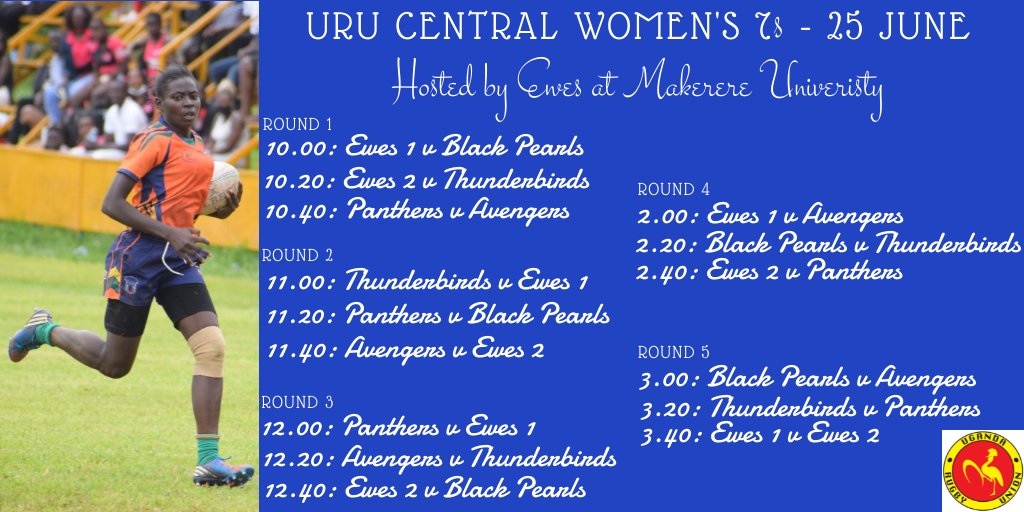 WomensRugbyInUganda (@womensrugbyinug) on Twitter photo .<a href="/EweRugby/">EWES RUGBY CLUB</a> make their debut tomorrow in the 1st leg of the <a href="/UgandaRugby/">Uganda Rugby Union</a> Central women's 7s. Ewes host the 6 team tournament at <a href="/Makerere/">Makerere University</a> rugby grounds. Other participating teams are Ewes 2, <a href="/BlackPearlsRFC/">Black Pearls Rugby Club 🖤❤️</a>, Avengers, <a href="/Thunderbirdsrug/">Thunderbirds Rugby Club</a> & Panthers. The games kick off at 10.00am. .<a href="/EweRugby/">EWES RUGBY CLUB</a> make their debut tomorrow in the 1st leg of the <a href="/UgandaRugby/">Uganda Rugby Union</a> Central women's 7s. Ewes host the 6 team tournament at <a href="/Makerere/">Makerere University</a> rugby grounds. Other participating teams are Ewes 2, <a href="/BlackPearlsRFC/">Black Pearls Rugby Club 🖤❤️</a>, Avengers, <a href="/Thunderbirdsrug/">Thunderbirds Rugby Club</a> & Panthers. The games kick off at 10.00am.