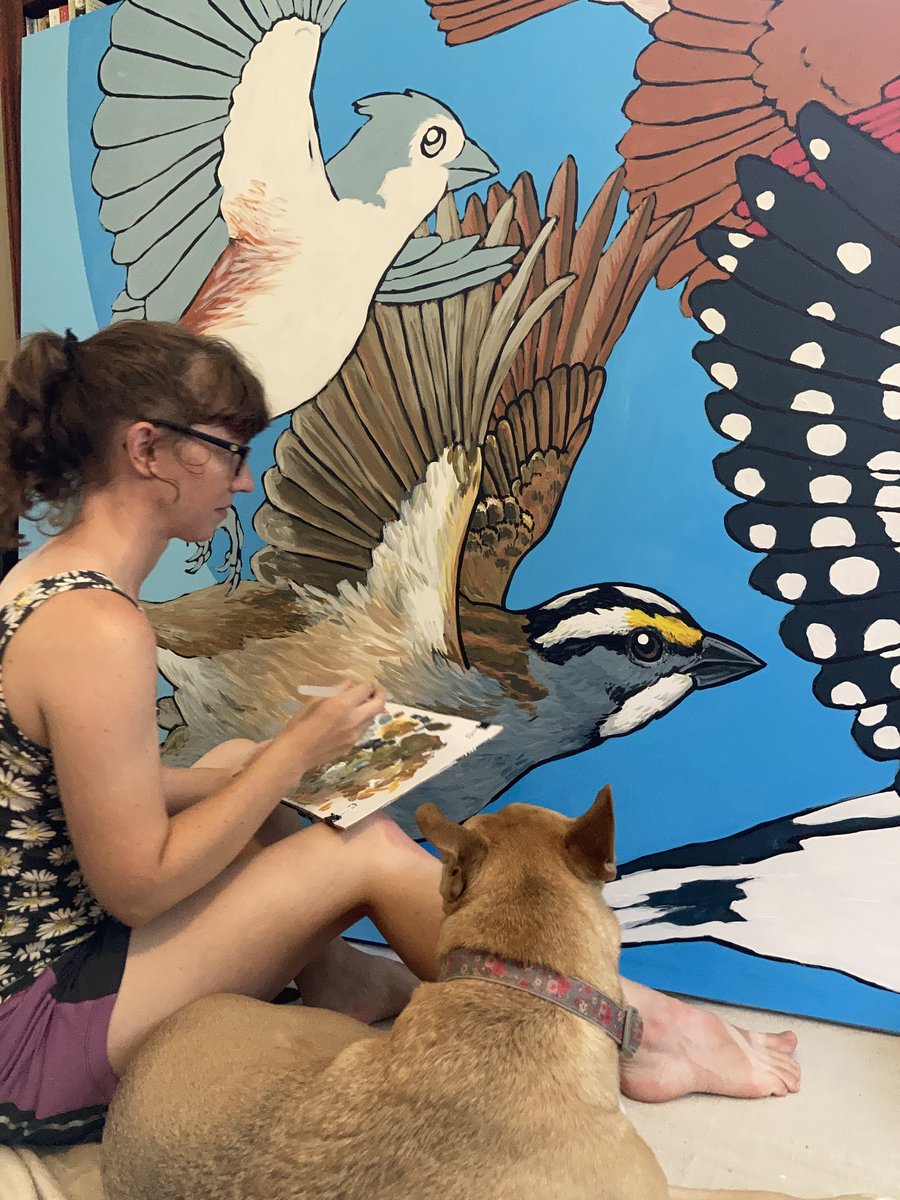 lroweart's tweet photo. Brand new mural in the works! 🎨🦉
Hazel approves that I get to paint this flock of birds from the comfort of my dining room.
#mural #workinprogress #birdartist https://t.co/c0V2Q8pA23