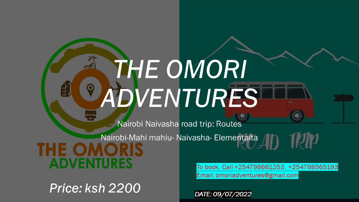 OmoriAdventures's tweet photo. Road Trip Alert. 
Routes: Nairobi- Mahi Mahiu- Naivasha.
               Naivasha-elementaita-Nairobi.
charges ksh 2200 
inclusive: drinks, snack, and transport slots available.
@NoarhLilech @PhilipOcheche36 @Nelsonmaende254 @real_wycky https://t.co/7XemLBLwiR