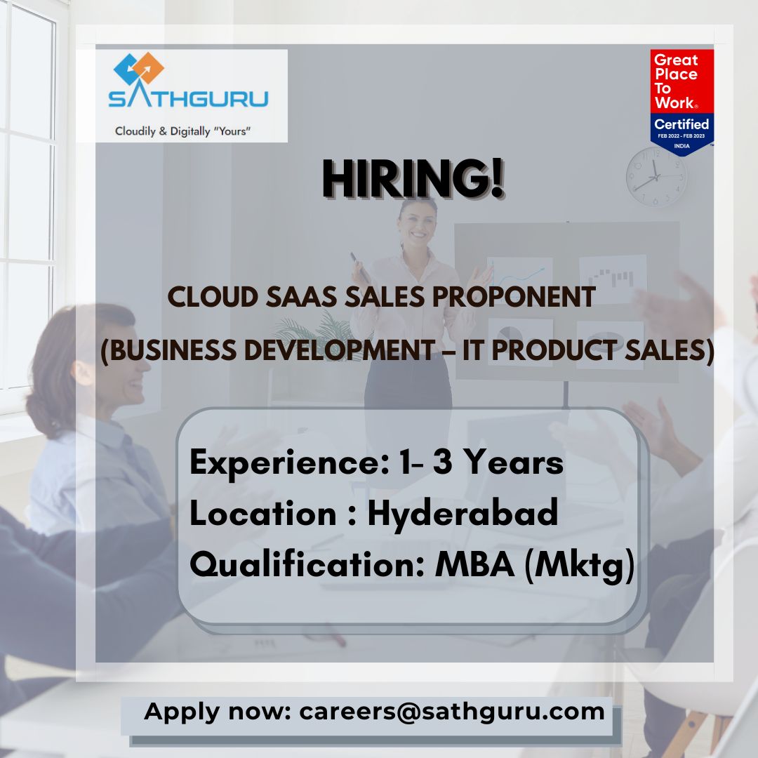 Sathguru Software Products (P) Ltd is inviting applicants for the position of Cloud Saas Sales proponent.    
Click the link to know more: lnkd.in/dPPGt8RQ
#hiringnow #businessdevelopmentjobs #salesandmarketingjobs #sathgurumc #GPTW #careers #jobseekersindia #hyderabad