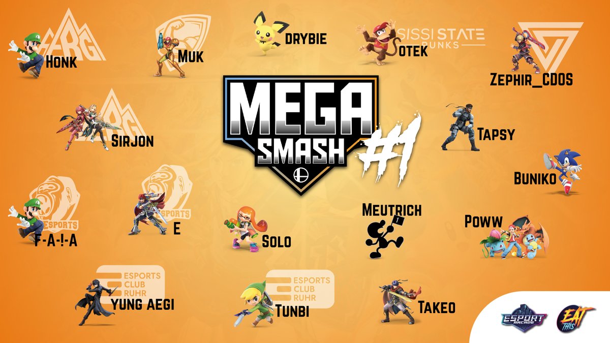 EsportArcadeDE's tweet photo. Beim #EatThis #MegaSmash #1 am morgigen Samstag kämpfen unter anderem @oteksmash, @honkias, @Sirjonssb, @CdosZephir und @pichudrybie um den Sieg. Kommt ab 10:00 Uhr in der #Esport Arcade vorbei, wenn Ihr die Top-Spieler in #SuperSmashBros nicht verpassen wollt! #Gaming #Twitch https://t.co/7ueol1TJj1