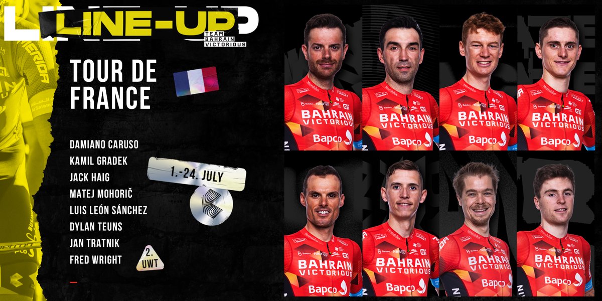 We are thrilled to announce our lineup for @LeTour 🇮🇹 @CarusoDamiano 🇵🇱 @kamilgradek 🇦🇺 @jackhaig93 🇸🇮 @matmohoric 🇪🇸 @LLEONSANCHEZ 🇧🇪 @dylan_teuns 🇸🇮 @JTratnik 🇬🇧 @fred_wright0 Allez TBV! #RideAsOne #TDF2022 🔗 bit.ly/39TRMrm