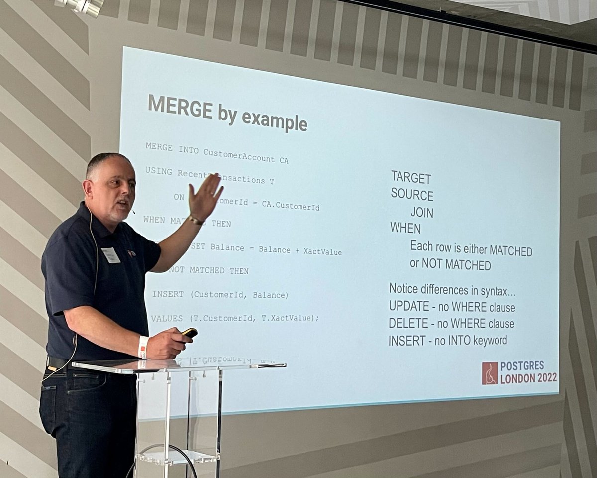Postgres_London's tweet image. EDB's Simon Riggs speaks about how, when and why to use the new SQL Standard MERGE command in #PostgreSQL15. 🔥
#PostgresLondon2022 #PGLondon2022 #PGLondon
#PostgresLondon