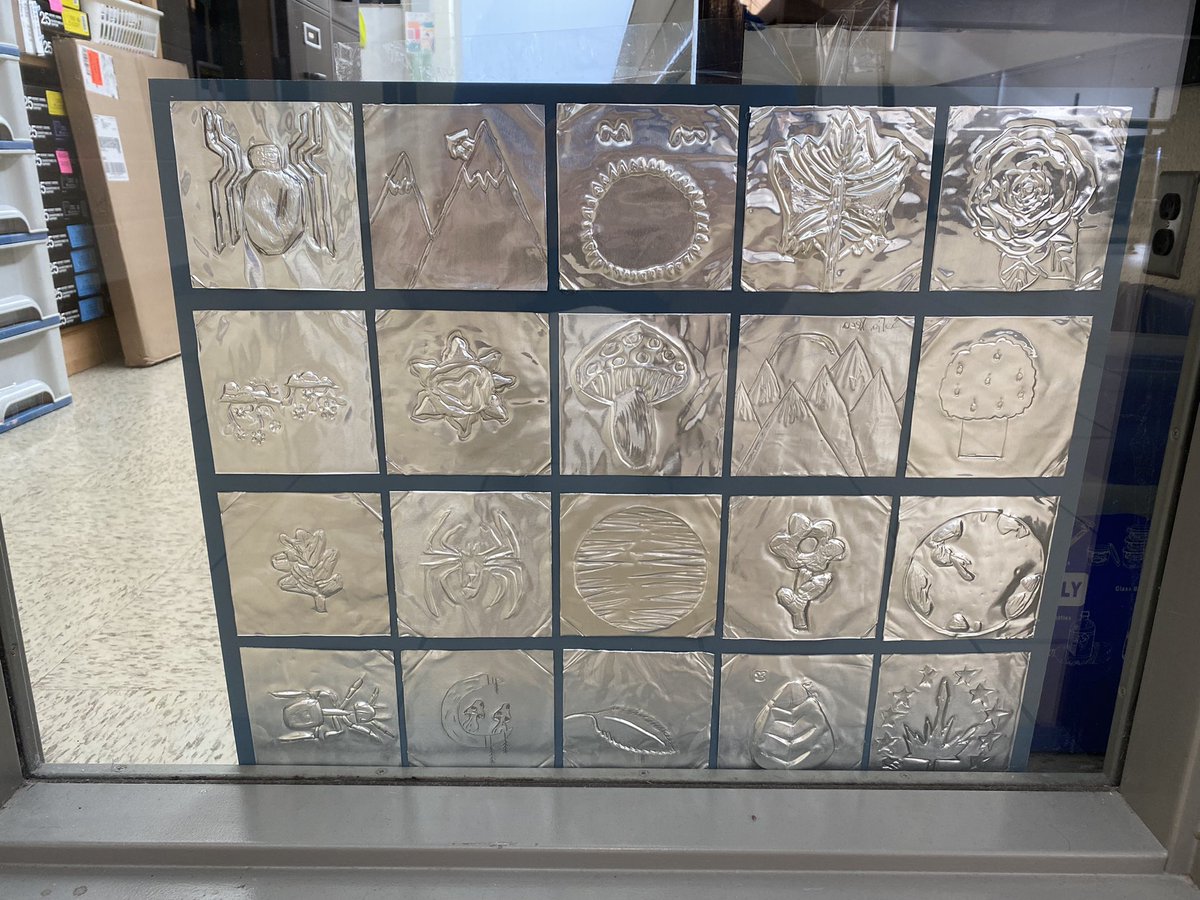 Students in grade 7 learned how to emboss aluminum for these nature inspired displays <a href="/TVAelementary/">Tecumseh Vista Elem</a>