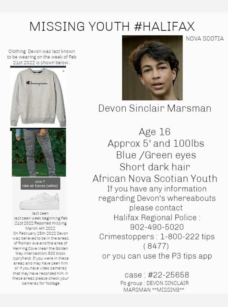 missingdevonm's tweet photo. We are desperately looking to bring awareness to Devon Sinclair, 16 years old, missing for 100+ days and no answers 🇨🇦 @elonmusk @TheElliotPage @Sethrogen @VancityReynolds @SimuLiu @DanLevyThinks @halfadams #missingperson #BlackLivesMatter #sayhisname #devonmarsman #Halifax 🇨🇦 https://t.co/sV6iKXxog8