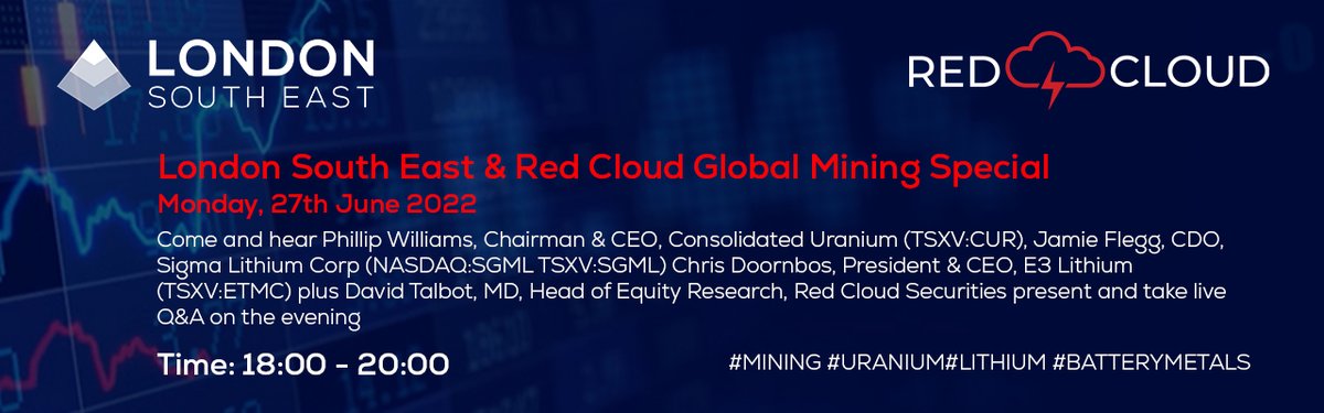 LondonSouthEast's tweet photo. London South East & @RedCloudSec Global Mining Special โ Monday, 27th June. We bring you 4 amazing speakers from @ConsolidatedUr, @e3lithium, @SigmaLithium & Red Cloud. Please register here https://t.co/SUEzVTd1qz #CUR #ETMC #SGML https://t.co/uVPw5v54yR