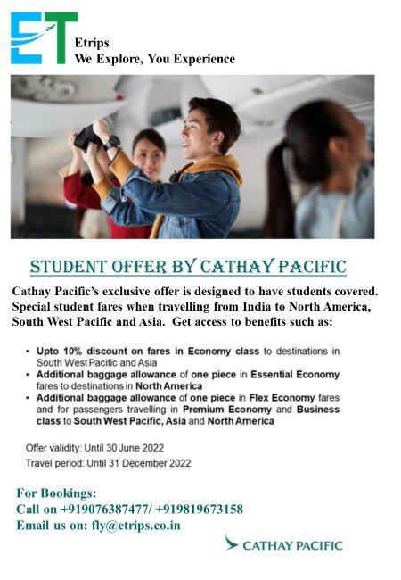 tushargm's tweet photo. Student Offer By Cathay Pacific
Cathay Pacific exclusive offer is designed to have students covered. Specual student fares when travelling from India to North America, South West Pacific and Asia. 
@cathaypacific  #studentoffers #cathaypacificairways #etrips #traveloffers https://t.co/VvhkueGDNK