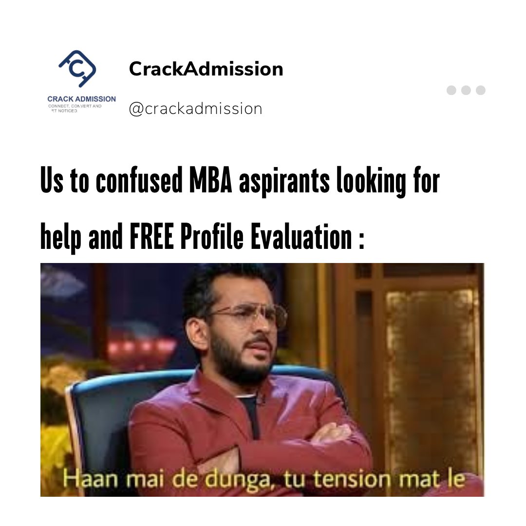We at CrackAdmission are always here to help you out with all your doubts and queries. Don’t worry, just DM us 📩 

Follow the FREE Profile Evaluation link 🔗 forms.gle/ui1PDjmkjkwH1S…

#mbaaspirants #mbaapplications #mbajourney #crackadmission #crackadmissiontips