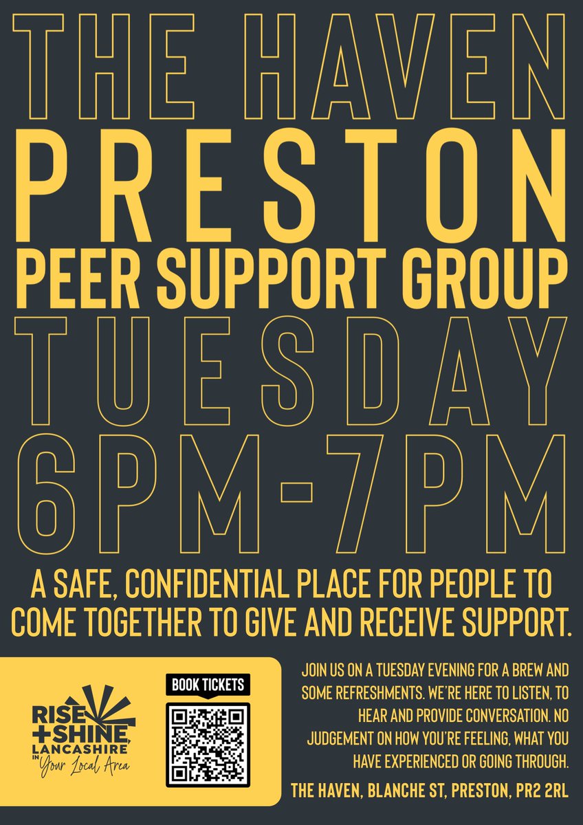 Rise and Shine are still running a mental health peer support group at The Haven in Preston. Tuesday evenings 6pm-7pm. Suitable for anyone struggling with their mental wellbeing aged 18+. You can use the QR code on the poster to book in advance, or you can just drop in.