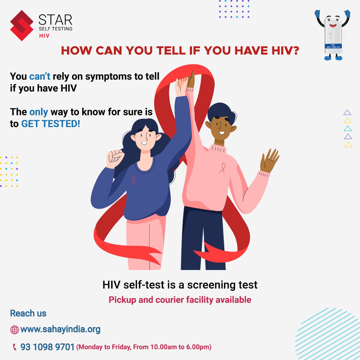 SelfHiv's tweet photo. What symptoms indicate HIV infection?
Do not rely on your symptoms to determine whether you have HIV.
Getting tested is the only way to know for sure.
#hiv #hivawareness #hivtesting #hivtest #hivselftest #pharmacy #pharma https://t.co/B5Ftgrx60Q