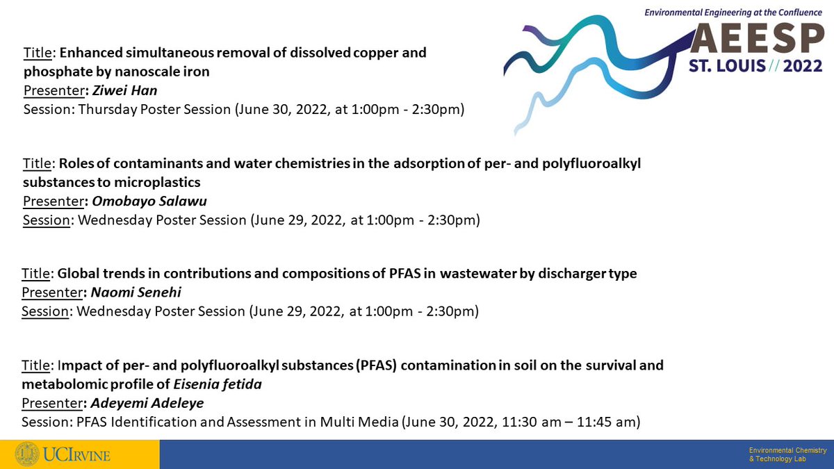 Adeyemi Adeleye (@a_s_adeleye) on Twitter photo Our group will be presenting at the <a href="/AEESP2022_WashU/">AEESP2022_WashU</a> conference. If you are interested in the environmental implications of #PFAS, and application of #nanotechnology, then check out these posters/talk by <a href="/HZW59064719/">Ziwei Han</a> <a href="/alayo_salawu07/">Alayo</a> <a href="/NaomiSenehi/">Naomi Senehi</a> Our group will be presenting at the <a href="/AEESP2022_WashU/">AEESP2022_WashU</a> conference. If you are interested in the environmental implications of #PFAS, and application of #nanotechnology, then check out these posters/talk by <a href="/HZW59064719/">Ziwei Han</a> <a href="/alayo_salawu07/">Alayo</a> <a href="/NaomiSenehi/">Naomi Senehi</a>