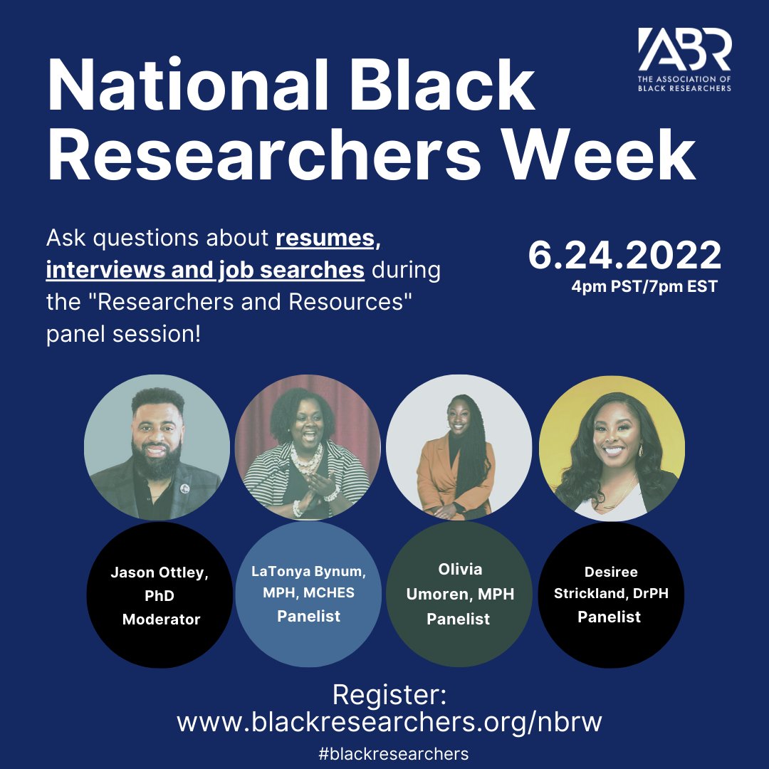 BlkResearcher's tweet photo. Do you have questions about preparing for a career in research? Get your interview, resume, and job search questions answered during our FREE "Researchers and Resources" panel session. You do not have to navigate this journey alone! https://t.co/e7sF3gqqZi
#nbrw #blackresearchers https://t.co/l7ed5HskX4