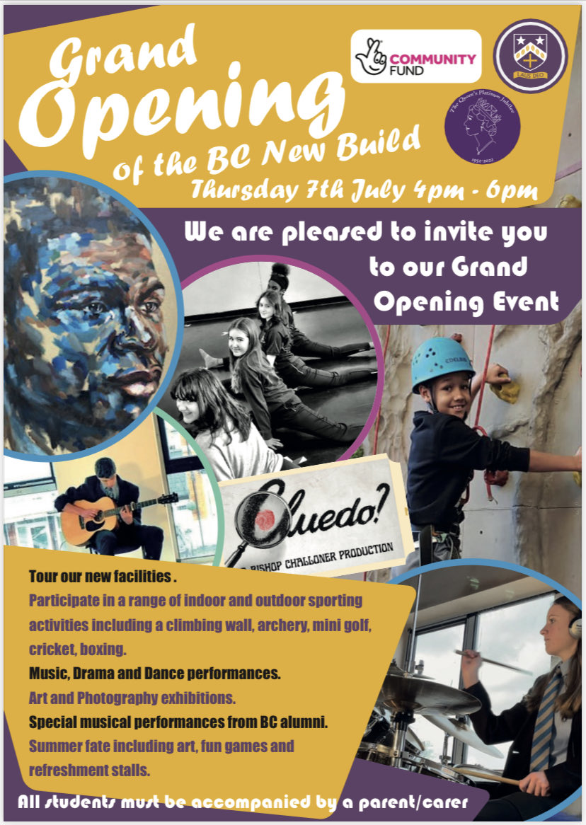BCPEDepartment's tweet photo. GRAND OPENING CELEBRATION ⁦@BishopChalloner⁩ on Thursday 7th July 4pm to 6pm! Why not come and visit, look around and have a go at a new sport and celebrate the Jubilee! 🎉🎉🎉⁦@BCSGO⁩ ⁦@KingsHeathRF⁩ ⁦@kingsheathcic⁩ https://t.co/b0fZGrwIRI