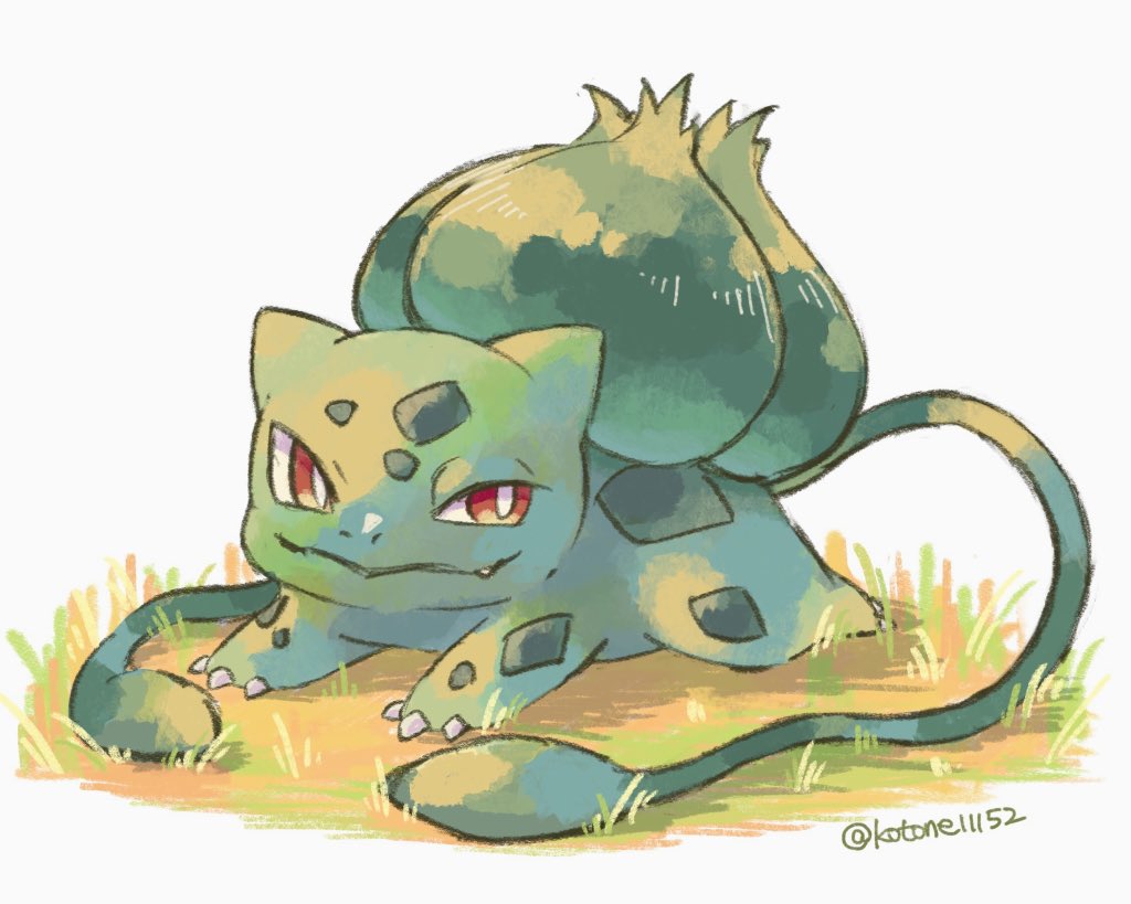 bulbasaur no humans pokemon (creature) solo claws on stomach grass white pupils  illustration images