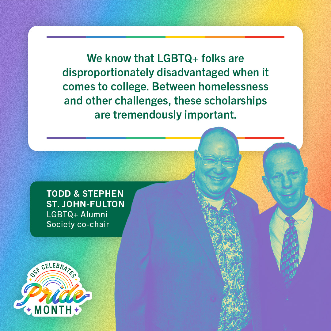 USouthFlorida's tweet photo. Actively involved in community outreach, the #USF LGBTQ+ Alumni Society offers mentorship and visibility for students entering the job market.
It also helps fund a scholarship for LGBTQ+ students, something Todd St. John-Fulton and his husband are proud to support. #USFpride ๐ณ๏ธโ๐ https://t.co/D8ImjunBua