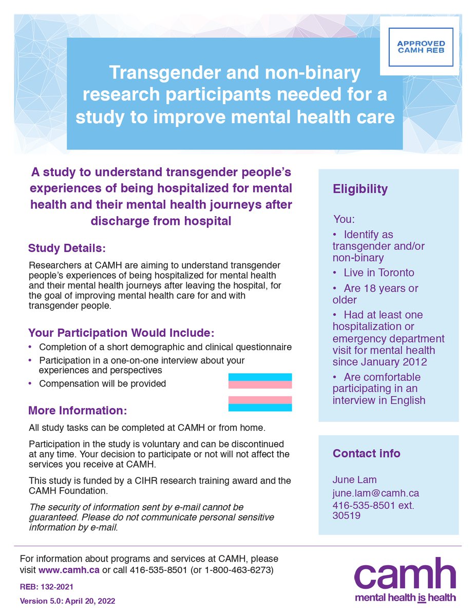 Open recruitment for a study to understand transgender people’s experiences of being hospitalized for mental health & their mental health journeys after discharge from hospital Consider participating in this crucial study led by one of our collaborators, @june_sh_lam 👇