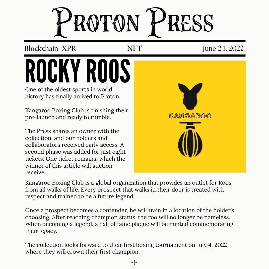 ProtonPress's tweet photo. 026 - Special Edition 📰

Kangaroo Boxing Club 🦘🥊

Winner of auction will receive the one remaining early access ticket 🎟

https://t.co/SUZ2iyixPP

@KangarooBoxClub @soon_market #BetterNFTs https://t.co/8PM90QcL6H