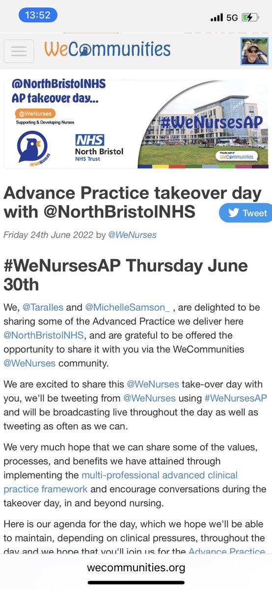 Super excited about next week’s @NorthBristolNHS #WeNursesAP take over! Lots of sharing and learning with @michellesamson_ @tarailes and their great Advance Practice colleagues! wecommunities.org/blogs/3647 ⬆️live stream schedule⬆️ & more info.