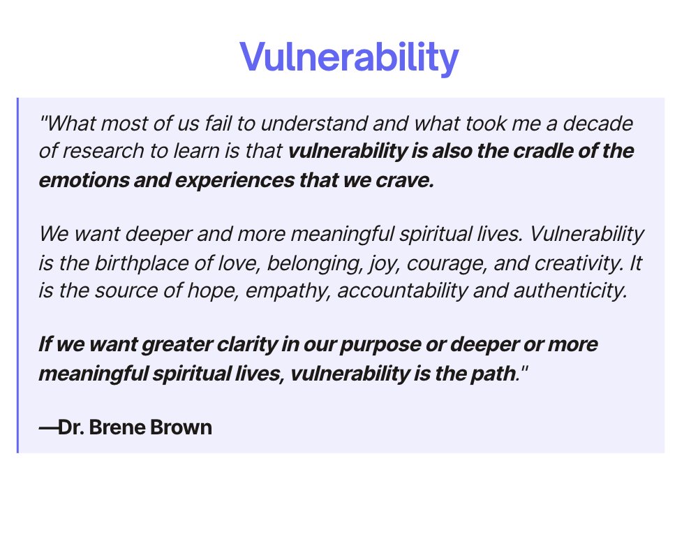 <a href="/annehelen/">Anne Helen Petersen</a> <a href="/cwarzel/">Charlie Warzel</a> <a href="/MattGrossmann/">Matt Grossmann</a> Vulnerability

Vulnerability is the currency of human connection. 

The more vulnerable you allow yourself to be, the more connected to others you will feel. 

h/t <a href="/BreneBrown/">Brené Brown</a>