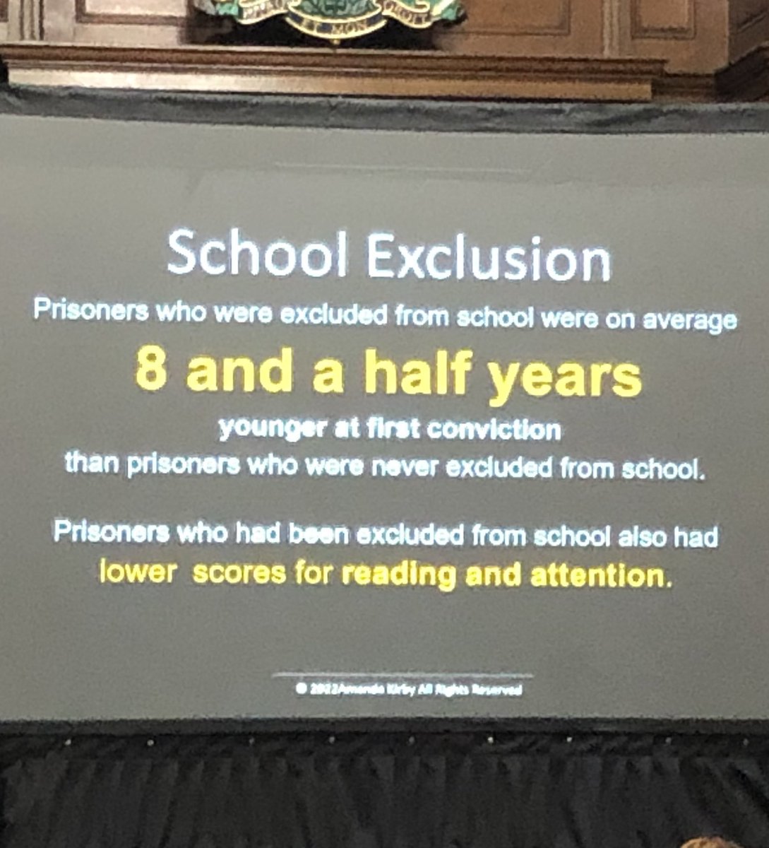 Neurodivergent children are more likely to be excluded from school for “behavioural difficulties”. @profamandakirby highlights that children who are excluded from school are convicted of offences 8.5 earlier that neurotyopical children. 1/2 #NDConference2022 @ADHDFoundation