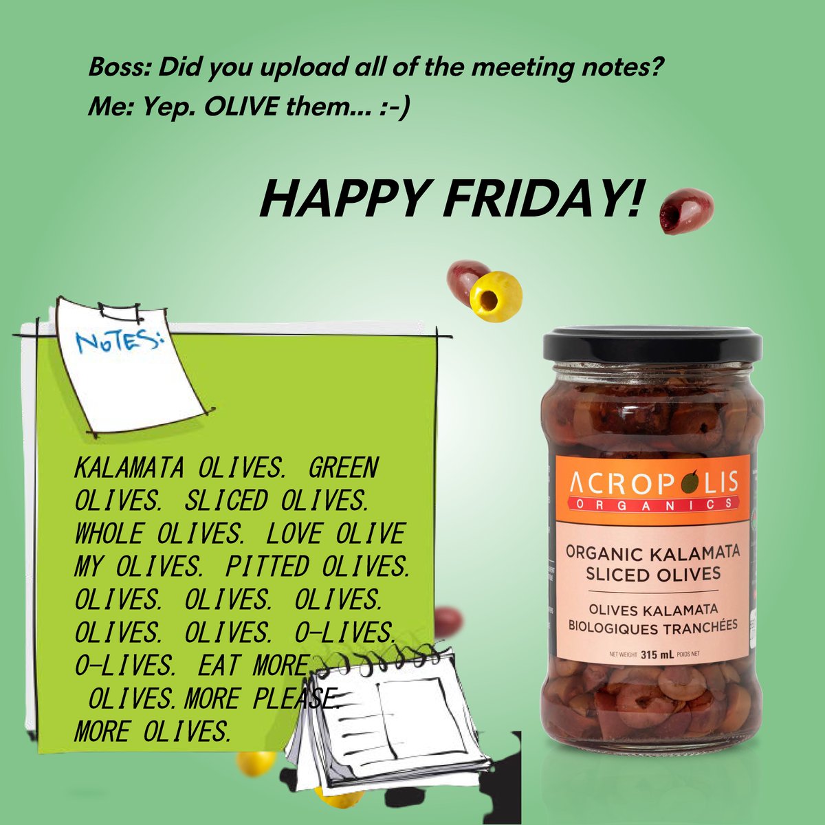 Hands up if you love to keep a stash of snacks by your desk at work! ✋ Fridays are better with our snack-licious assortment of olives: 

Happy Friday everyone from Olive Us @ #acropolisorganics!
💚💟

#acropolisorganics #olives #realfood  #healthysnacks  #friday   #boss #yum