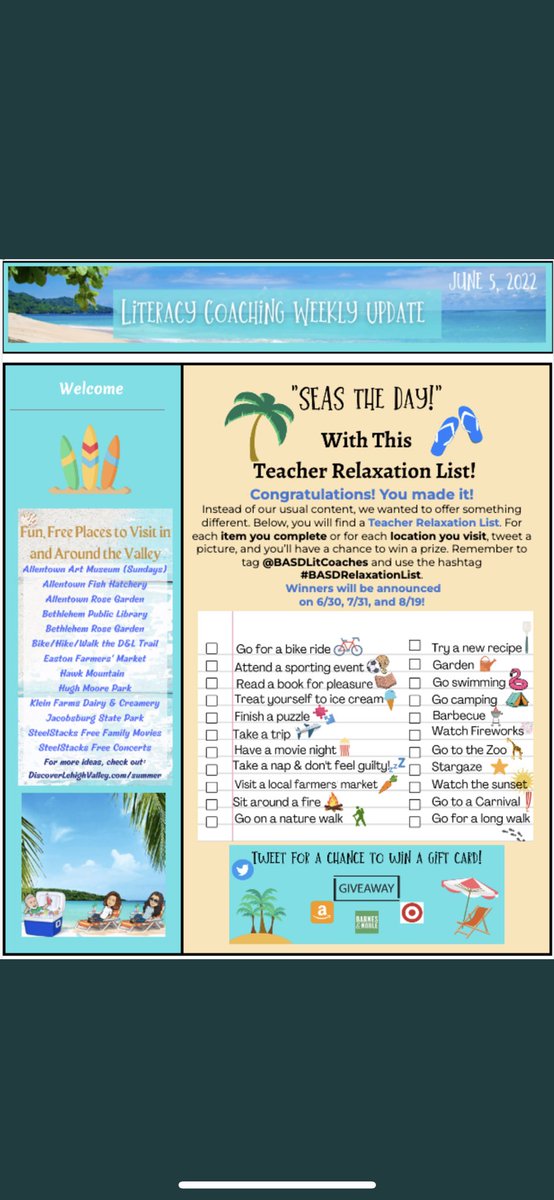 BASDLitCoaches's tweet photo. Don’t forget to enter for a chance to win a gift card! Share a summer adventure from the list below, tag us and use #BASDRelaxationList Can’t wait to see all of your fun adventures! First drawing 6/30. @BASDLiteracy4Me @basdjacksilva https://t.co/cl5Zi6wBbW